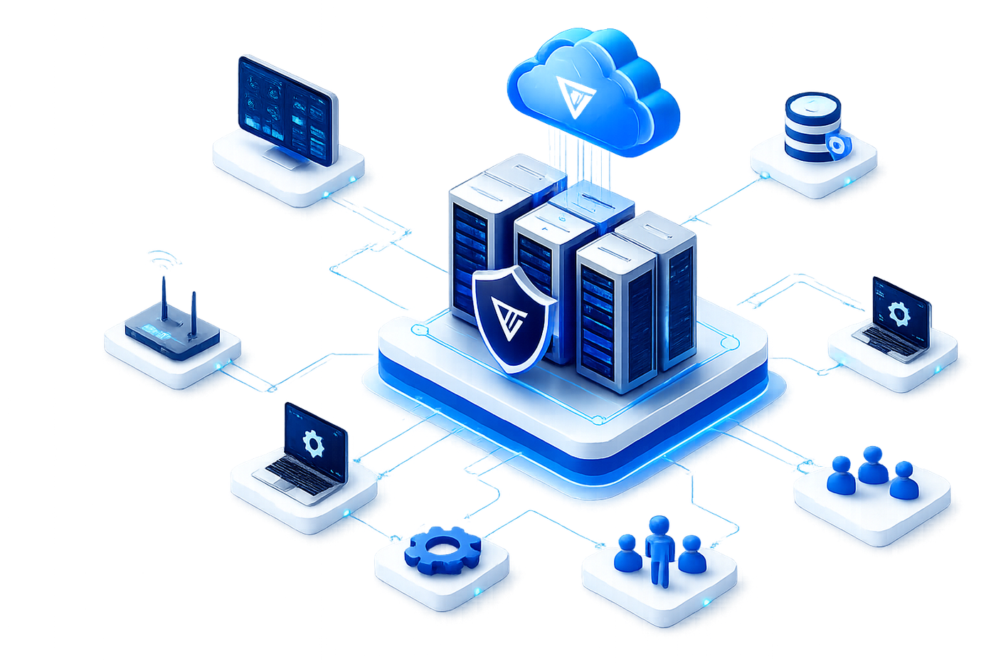 Vensar Techsys infrastructure — managed IT services, network management, cyber security, data storage and protection, and business automation connected around a secure core platform